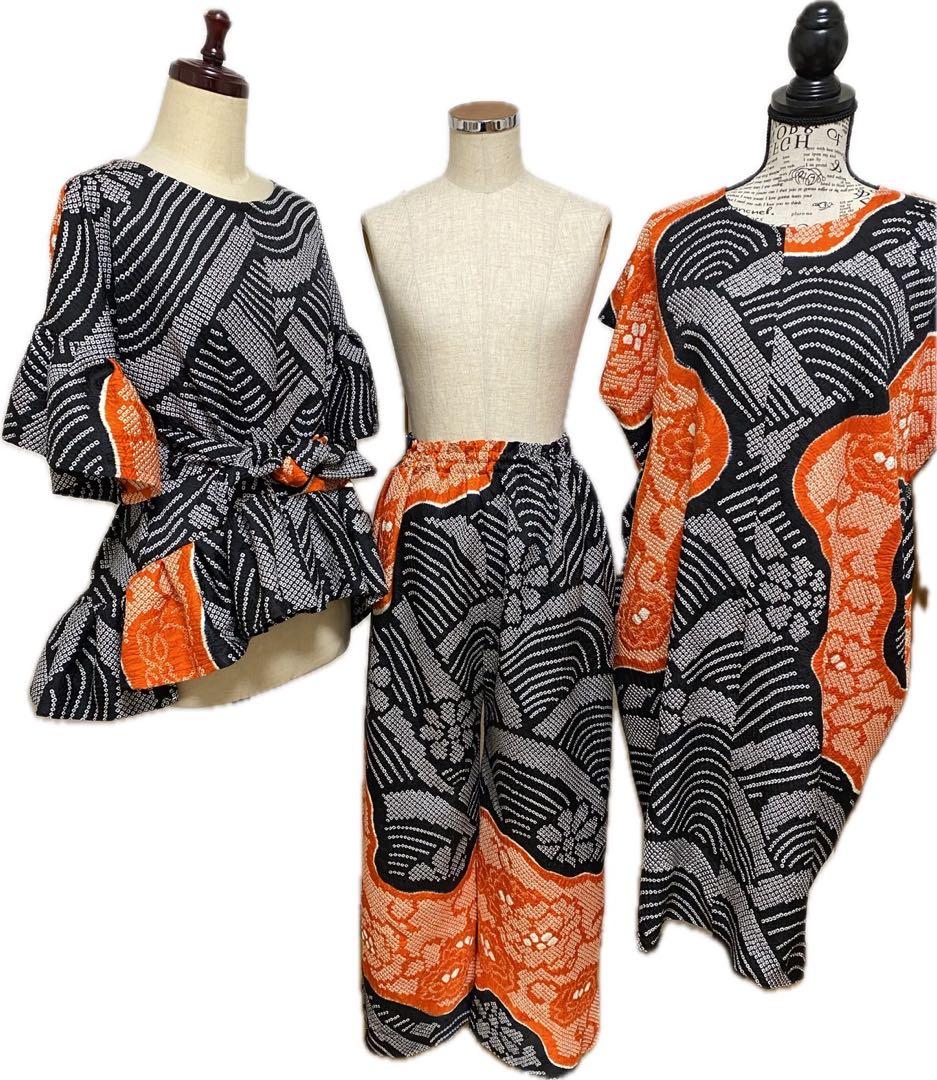 総絞り　着物振り袖リメイク正絹　チュニック　パンツ　ワンピース未使用　3点セット