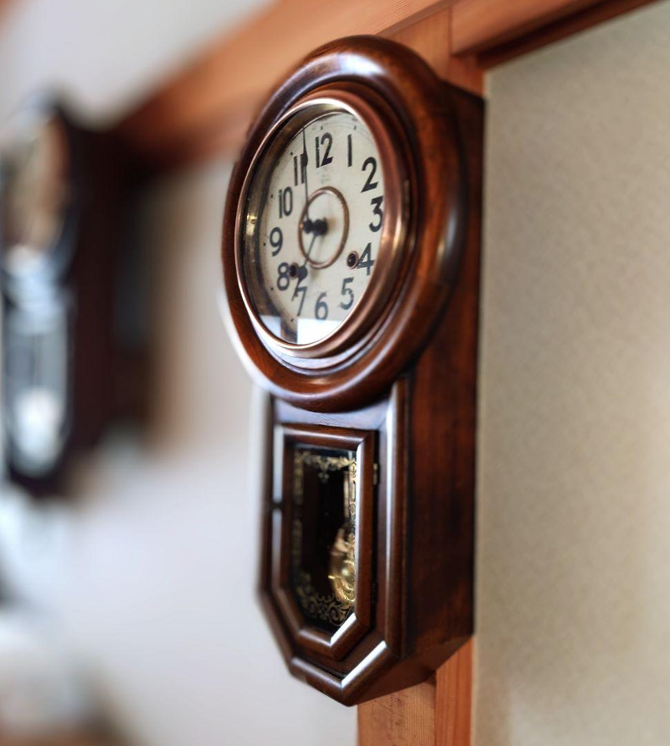 〈完動・美品〉尾張時計地球馬印　木地丸尾長ゼンマイ振り子時計 ボンボン時計古時計