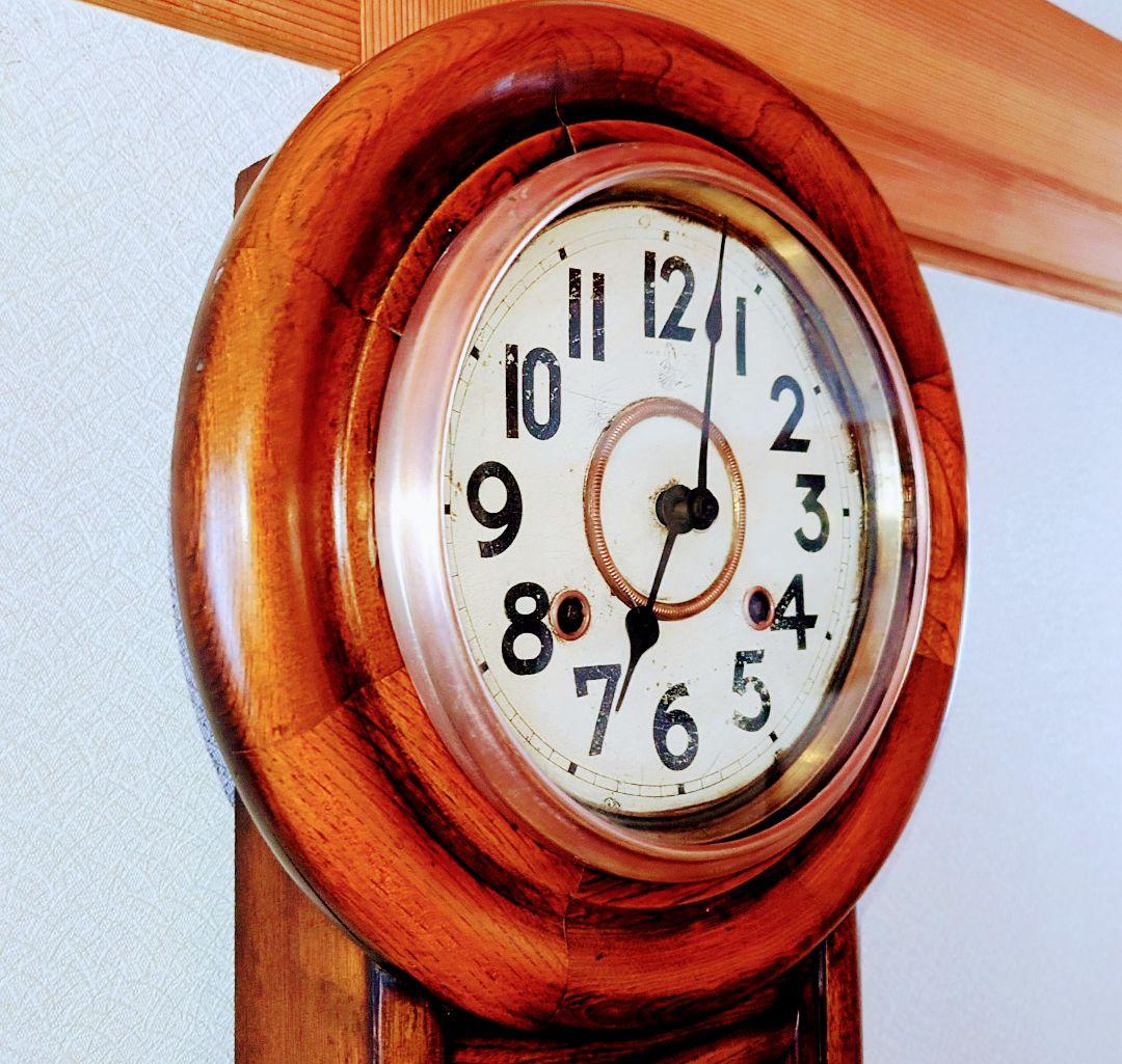 〈完動・美品〉尾張時計地球馬印　木地丸尾長ゼンマイ振り子時計 ボンボン時計古時計
