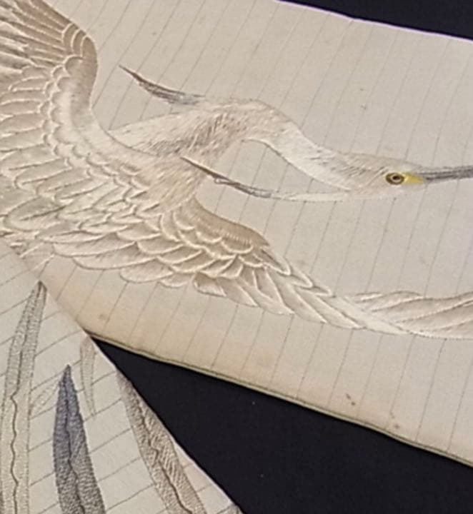 鷺　刺繍QJLLB 特選古美術　正絹夏帯　日本刺繍　アンティーク　九寸名古屋帯