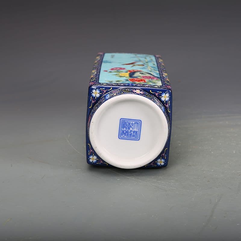 琺瑯彩花鳥紋四角瓶  工芸品 美術品 置物