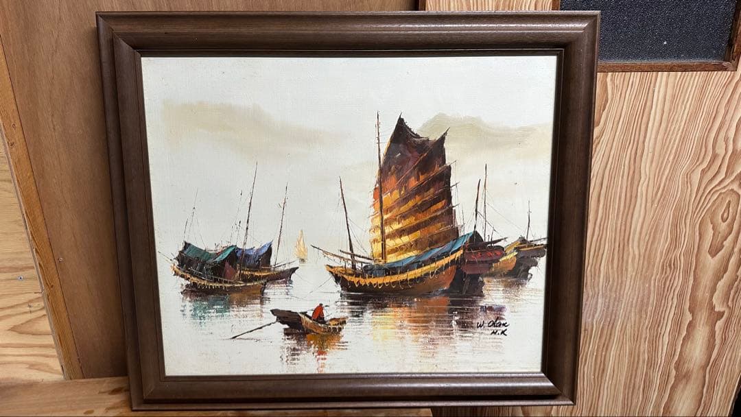 W. Chan 油彩画 船と港の風景