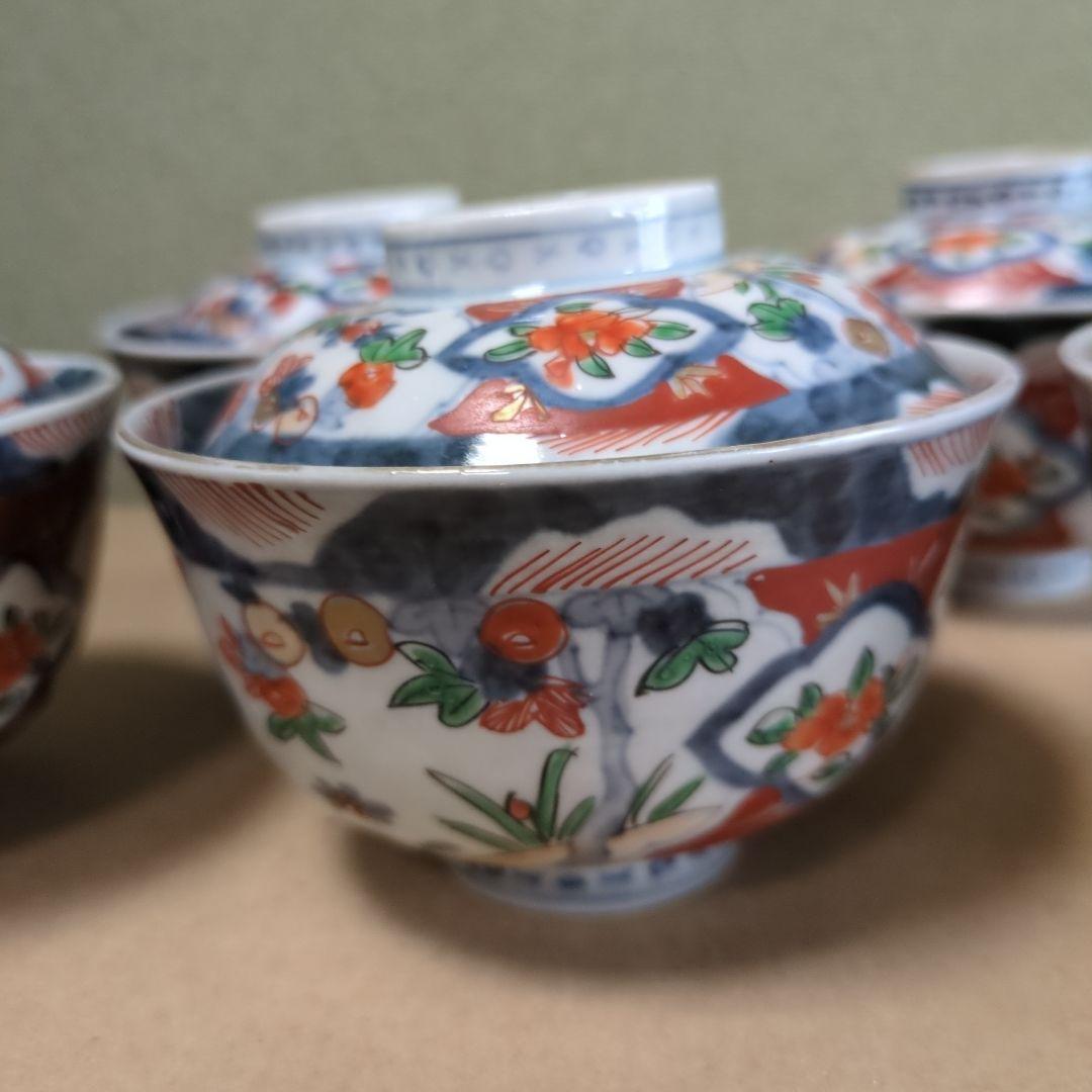 苺大福　骨董 伊万里 古伊万里 蓋茶碗 色絵 煮物碗 飯碗 6つ〜