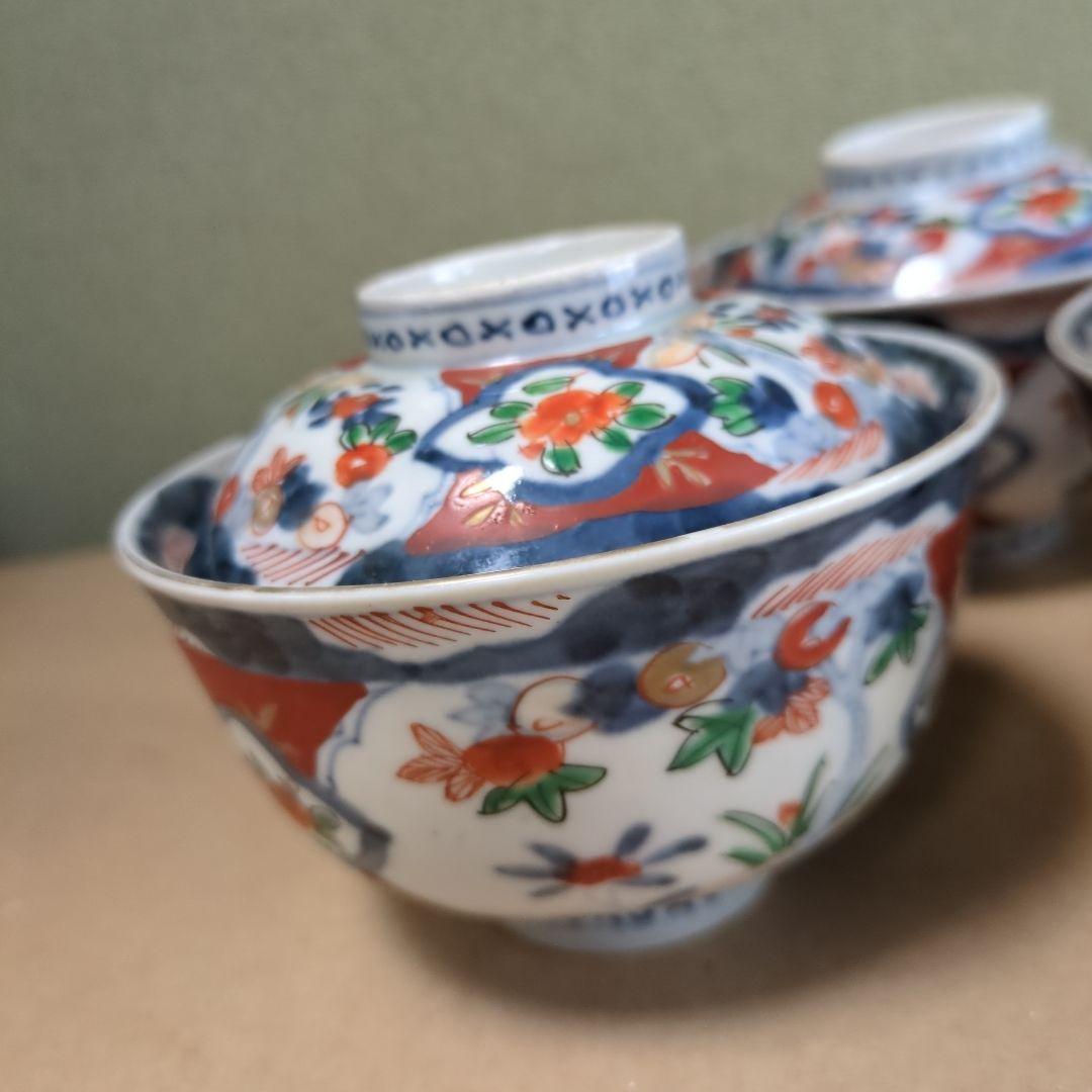 苺大福　骨董 伊万里 古伊万里 蓋茶碗 色絵 煮物碗 飯碗 6つ〜