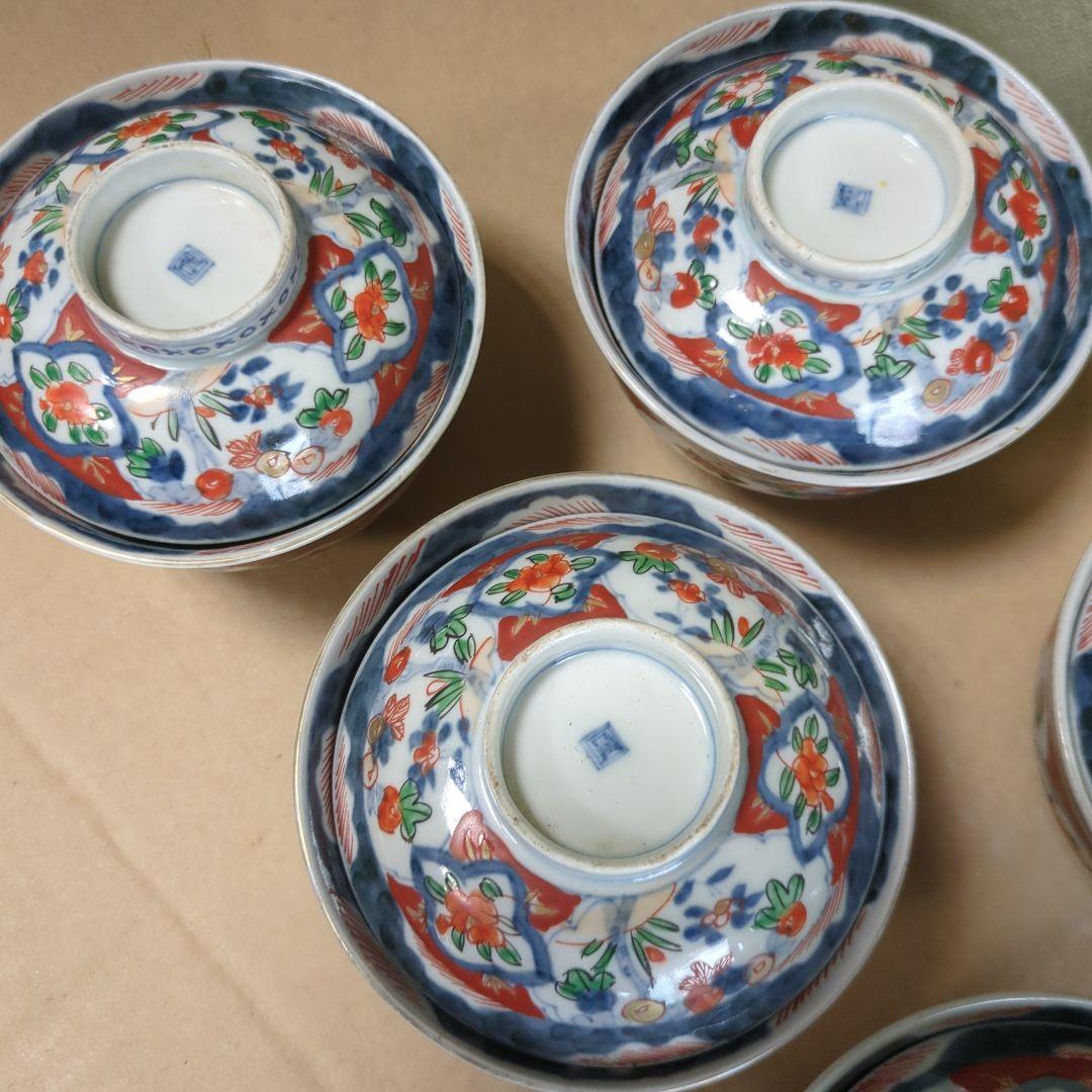 苺大福　骨董 伊万里 古伊万里 蓋茶碗 色絵 煮物碗 飯碗 6つ〜
