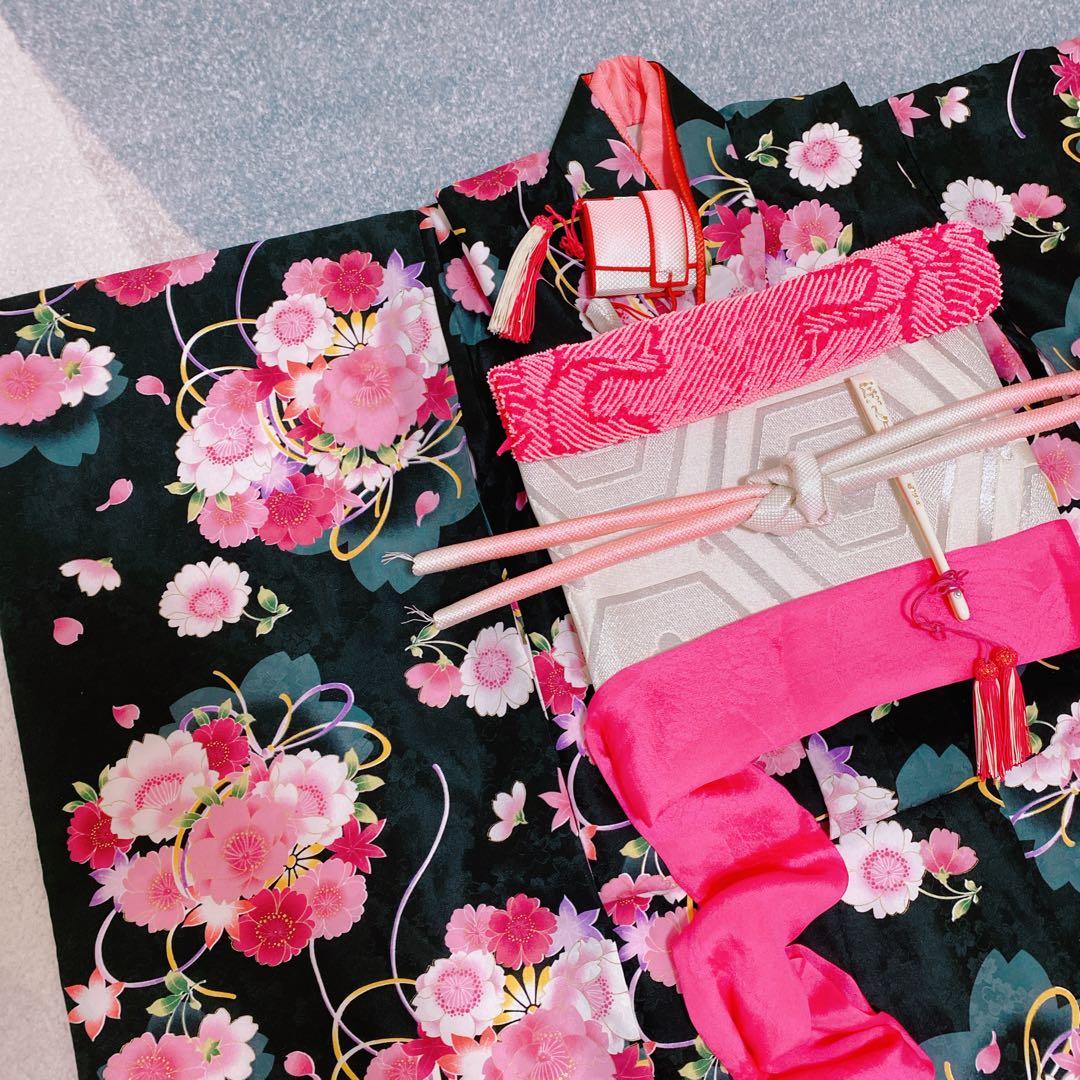 七五三 7歳 着物 帯 ビーズバッグ 草履 小物 セット 黒 ピンク