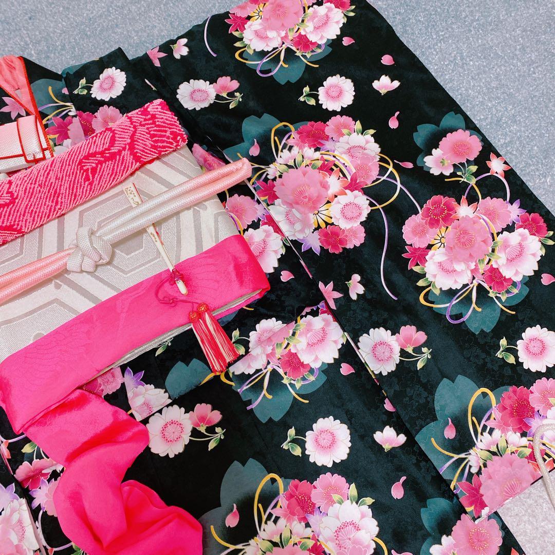 七五三 7歳 着物 帯 ビーズバッグ 草履 小物 セット 黒 ピンク