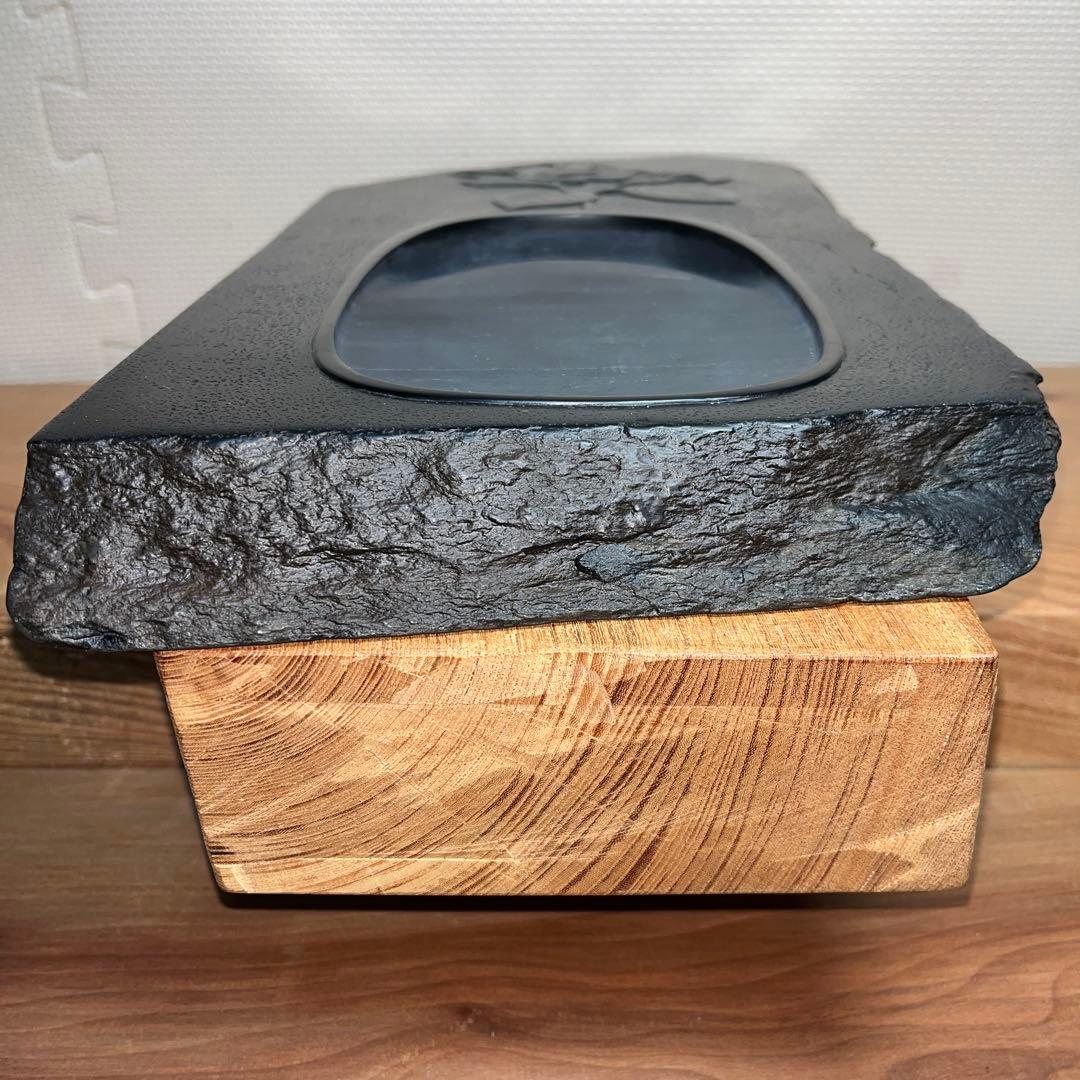 ⭕️雄勝硯　希少　超大型天然硯　伝統工芸士　杉山唐龍斎　椿花葉彫刻　35cm超