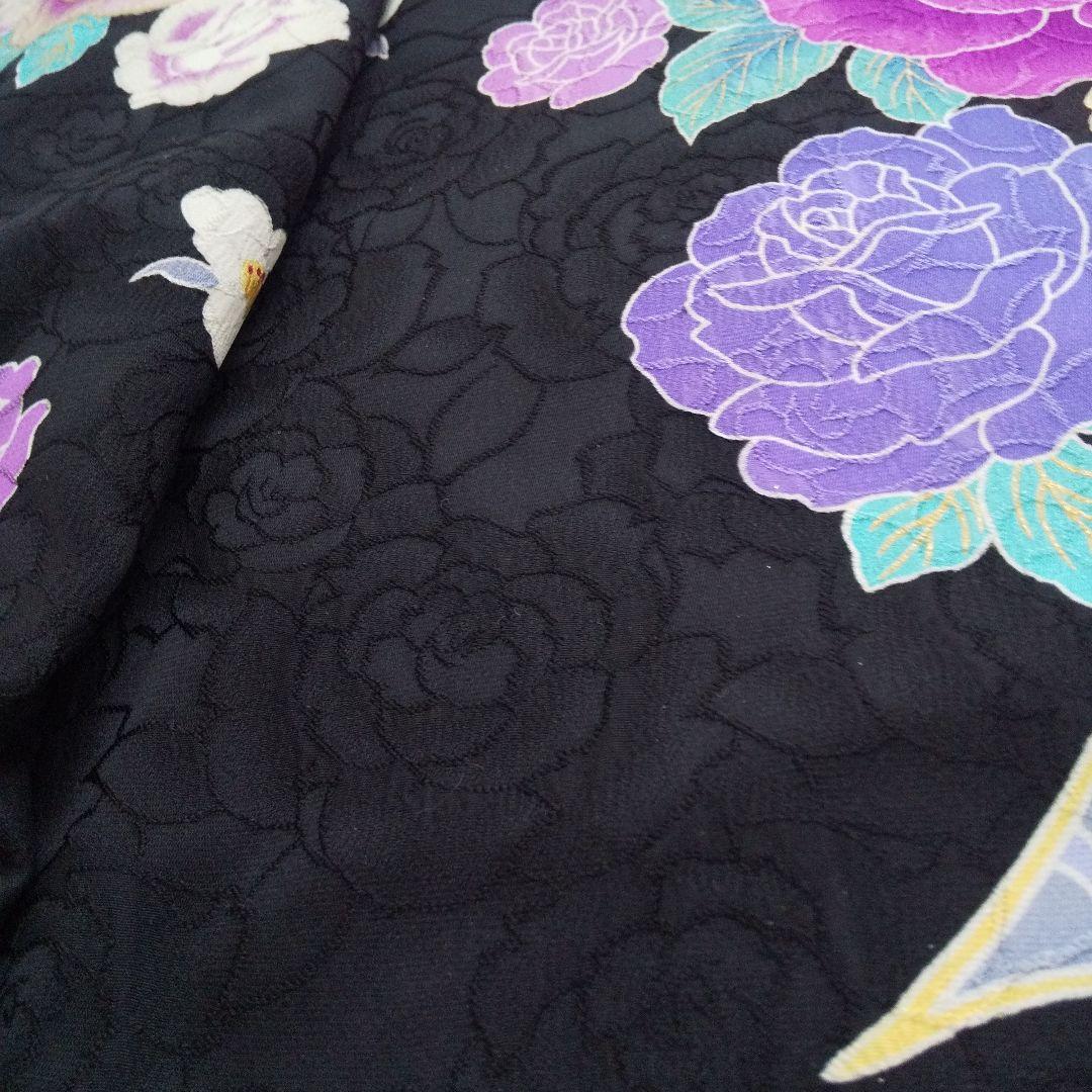 ++++黒紫薔薇正絹振袖一式フルセット袋帯帯締め帯揚げ半襟 重ね襟他成人式