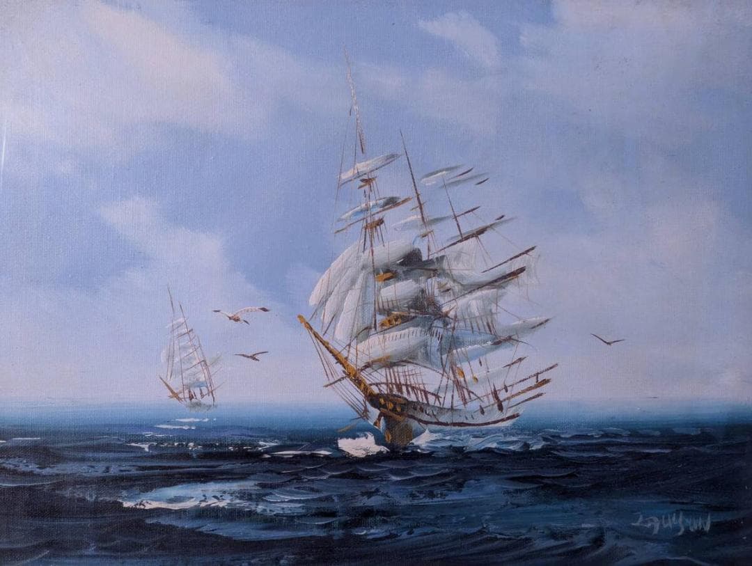 【真作】絵画　油彩6号　大海原を駆ける帆船　青空と波の詩　自由への航海　U194