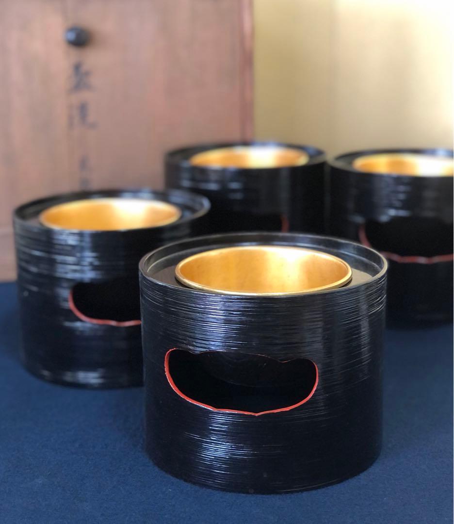 割引❗️《R》黒塗内金 盃洗4客組 木製漆器 木箱 時代　250723E6
