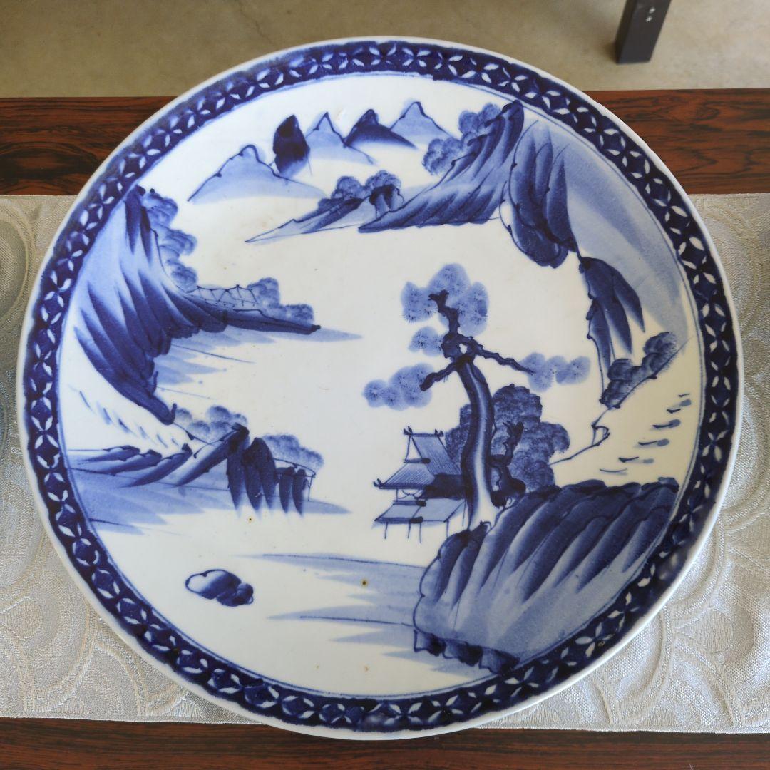 骨董　青白磁の風景画皿 直径約40cm