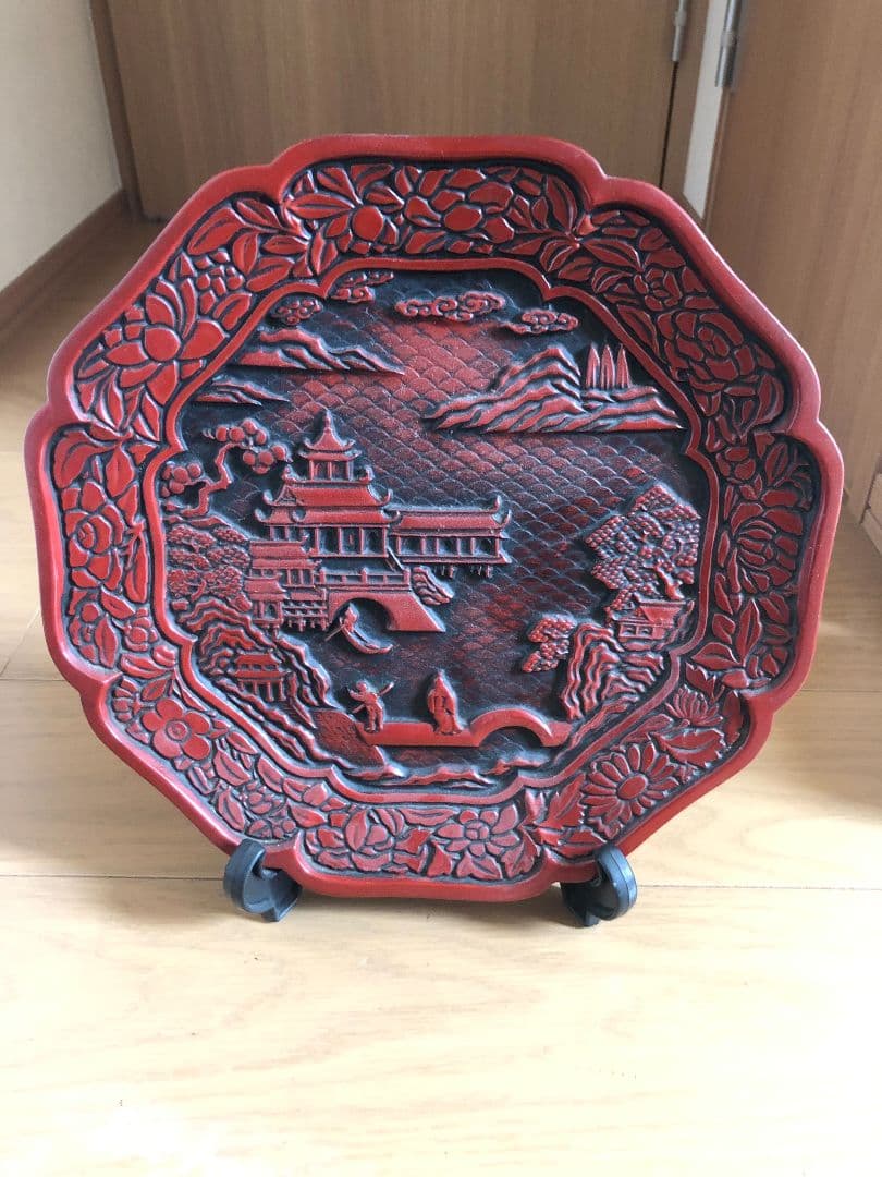 鎌倉彫　中国堆朱　お盆　木彫　工芸品　骨董品　美術品