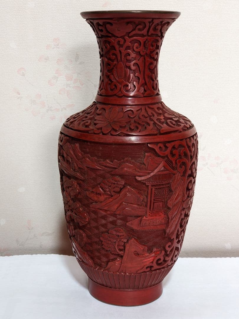 ♦中国 美術工芸品 堆朱 彫漆 楼閣山水図瓶 花瓶コレクション骨董品アンティーク