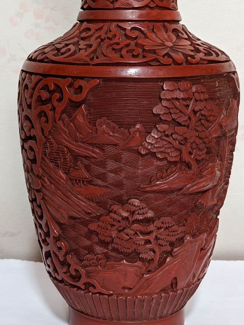 ♦中国 美術工芸品 堆朱 彫漆 楼閣山水図瓶 花瓶コレクション骨董品アンティーク