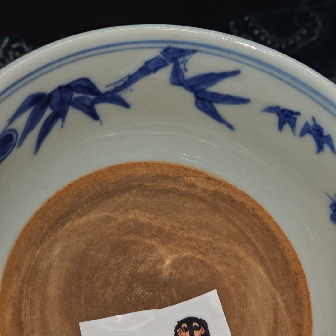 二代真葛香山造、唐人繋ぎ吉祥文祥瑞染付茶碗(元箱、多色藍染包み古布付)