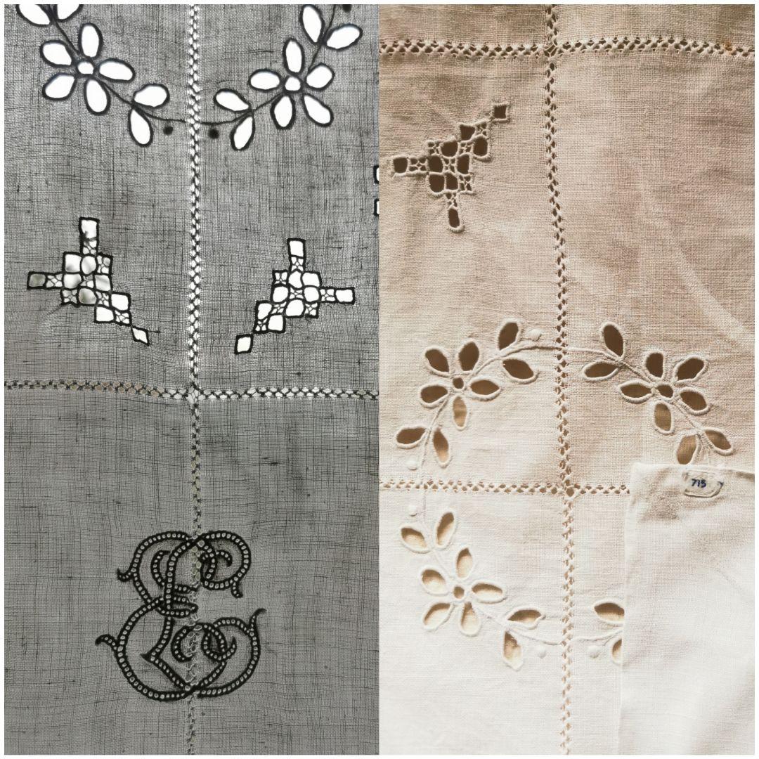 アンティークフランス アングレーズレース モノグラム刺繍＆カットワーク麻クロス