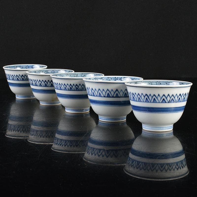 煎茶道具　京焼　清水焼　平安　瑞泉造　青華　煎茶碗　五客　共箱　V　R7223