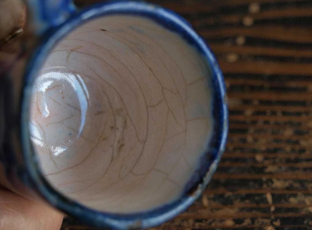 青い模様の小さなカップ マニセス ムエル ブリュロカップ スペイン古陶/J981