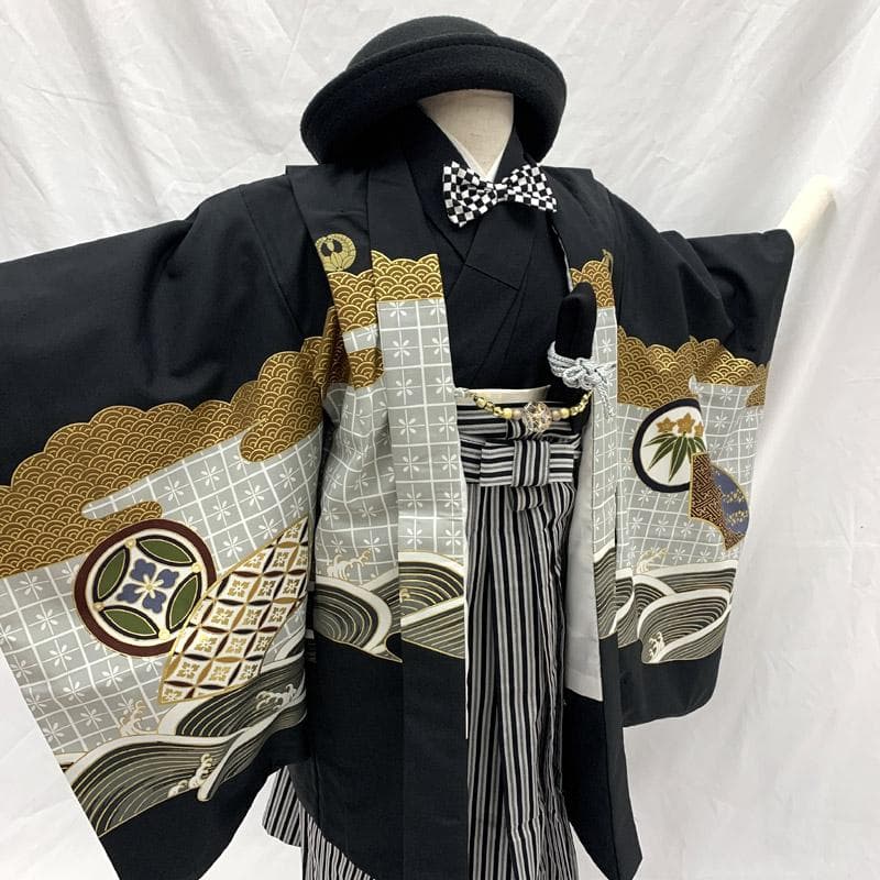 507ab56■七五三 五歳 男児 着物&羽織&袴&角帯&長襦袢 金彩■美品