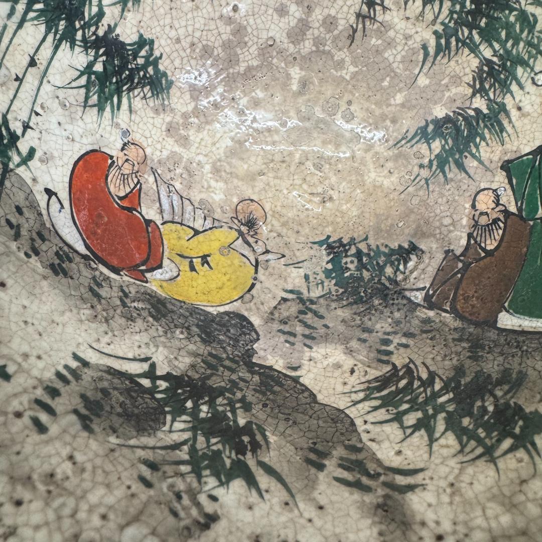 明治時代 犬山焼 竹林賢人雲錦手文様 骨董品 茶碗 キズあり