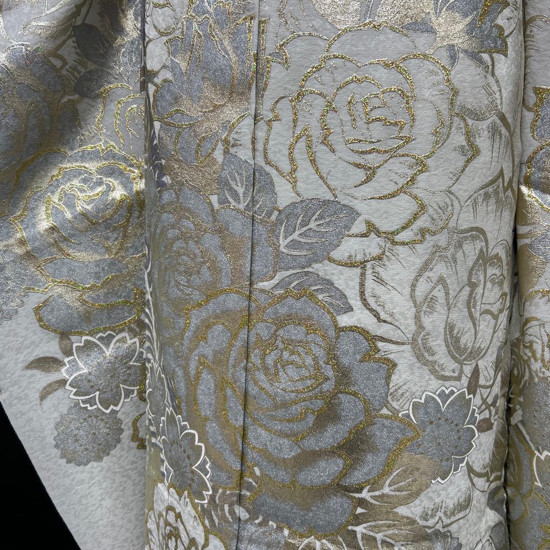 振袖 白地金彩銀彩薔薇　振袖単品未仕立て