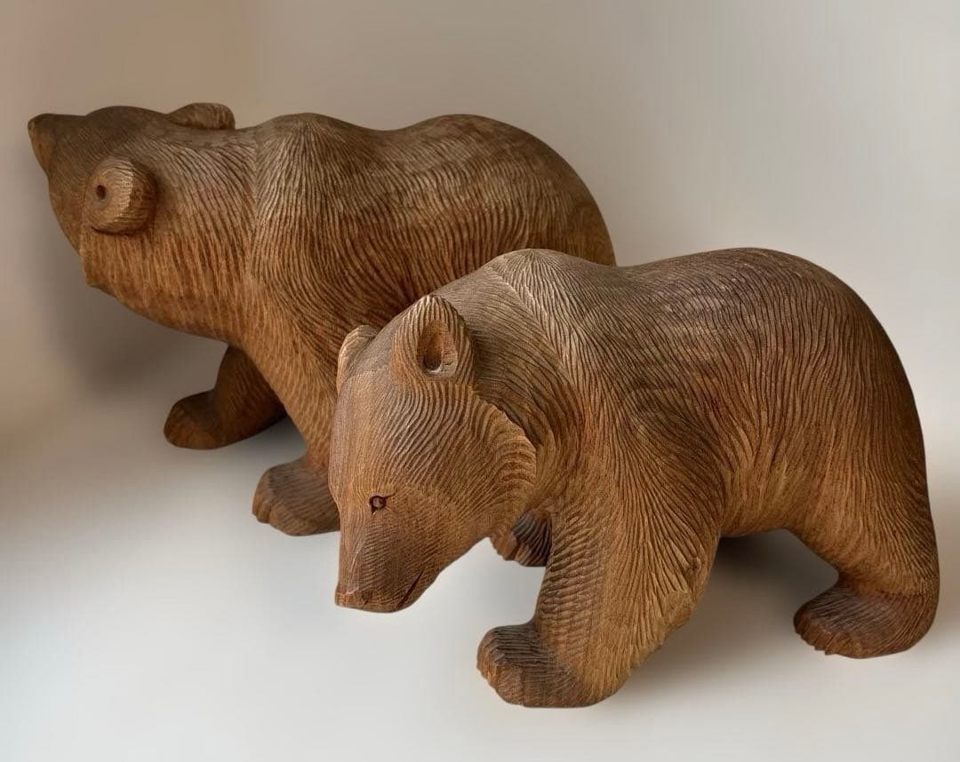 【希少品・2体セット】木彫　熊　座熊　台座付き　加藤貞夫　八雲