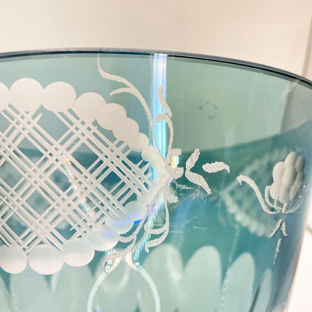 イタリア製　クリスタル　ガラス　アンティーク　脚付　24金　切子　ブルー