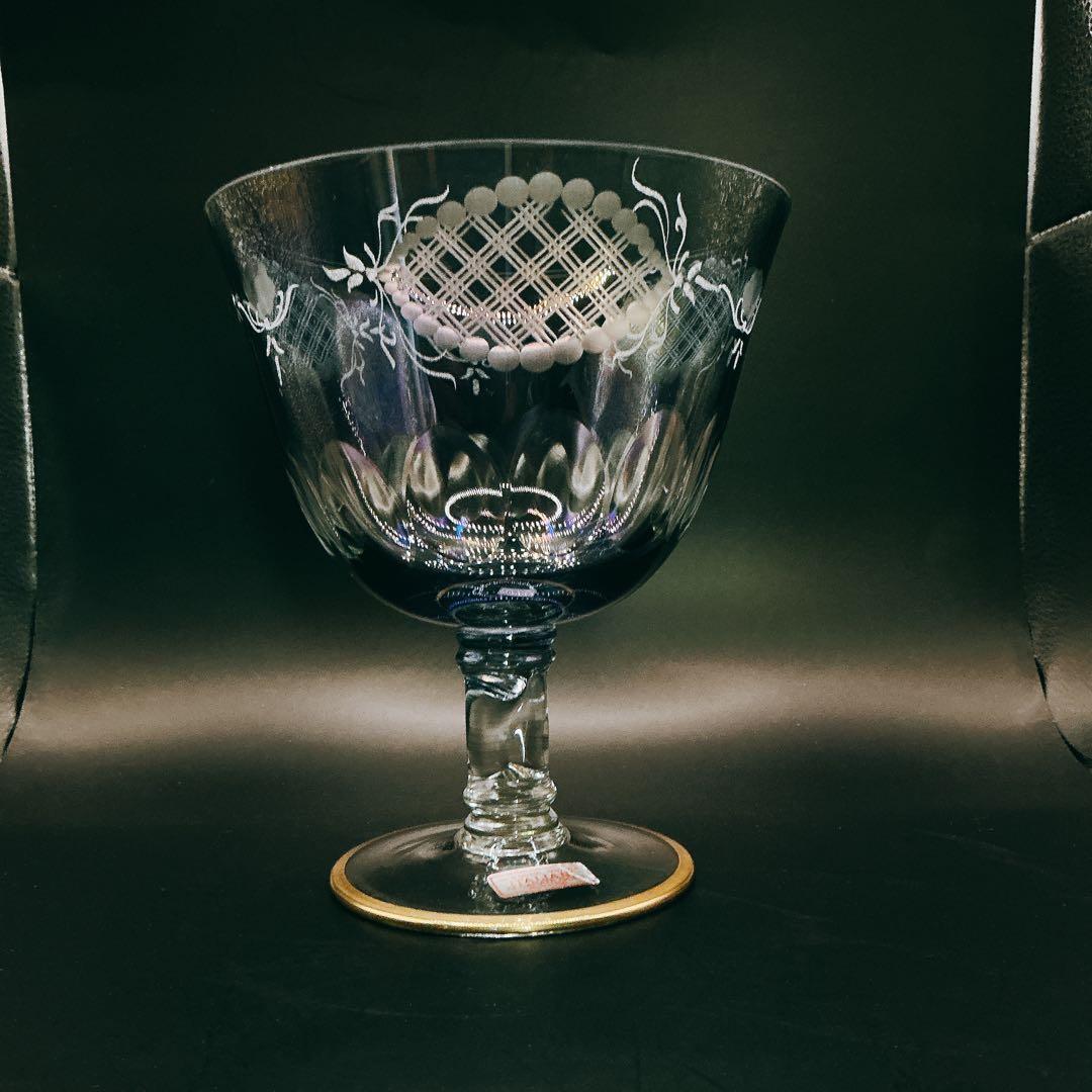 イタリア製　クリスタル　ガラス　アンティーク　脚付　24金　切子　ブルー