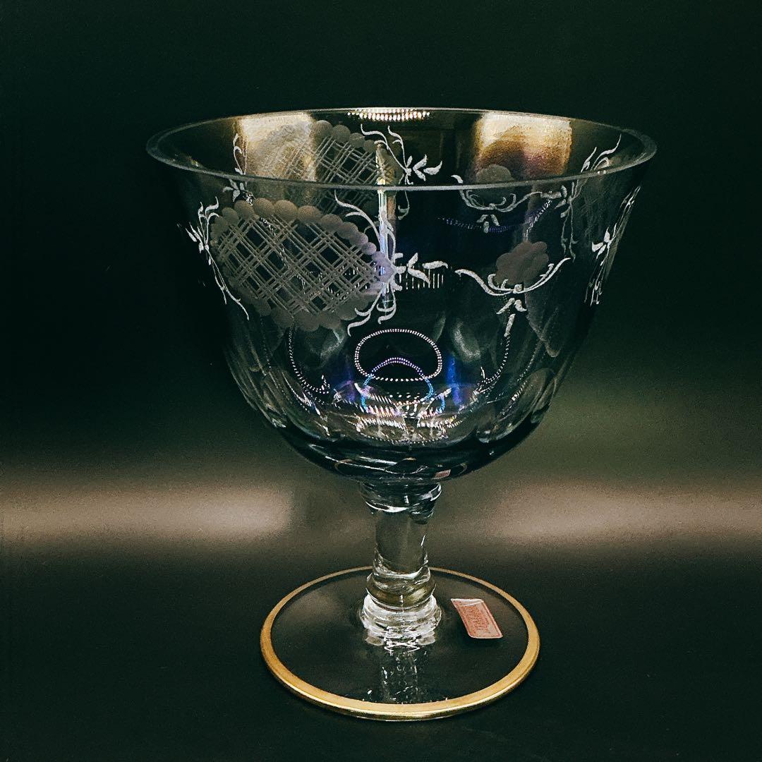 イタリア製　クリスタル　ガラス　アンティーク　脚付　24金　切子　ブルー