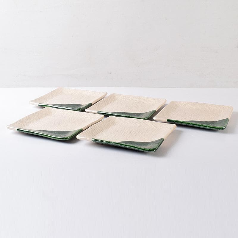 和食器　京焼　吉村楽入造　織部　銘々皿　四方皿　五客　共箱　V　R7987