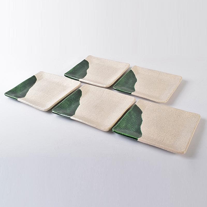 和食器　京焼　吉村楽入造　織部　銘々皿　四方皿　五客　共箱　V　R7987