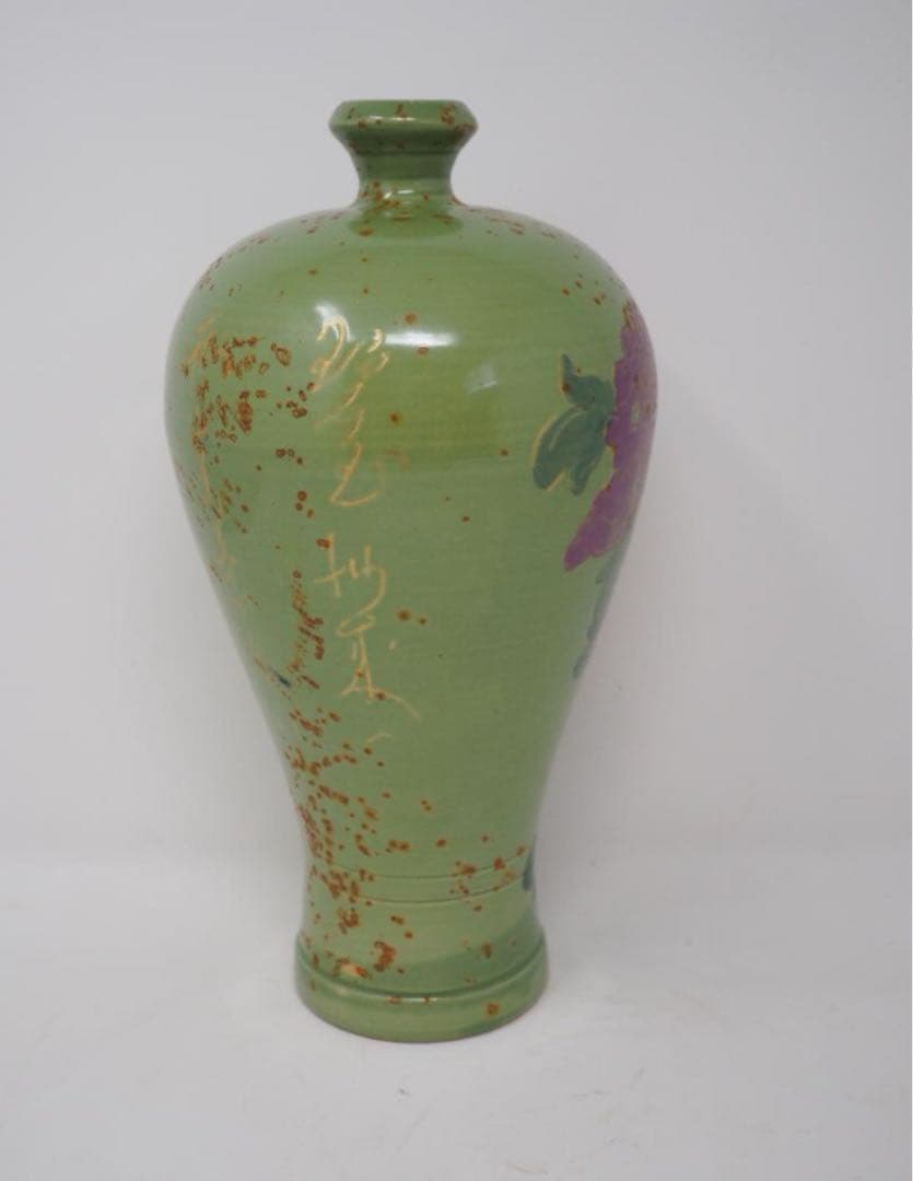 中国 古美術品　壺　貴重　茶道具花瓶　壺　　グリーン　花絵　中陶器