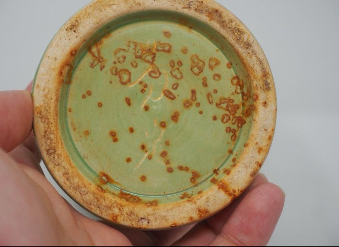 中国 古美術品　壺　貴重　茶道具花瓶　壺　　グリーン　花絵　中陶器