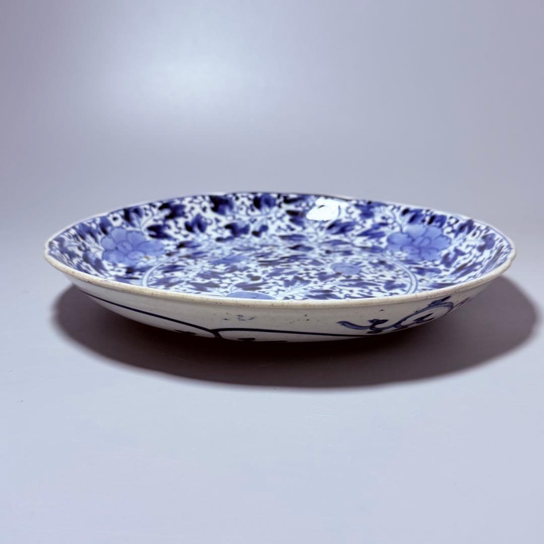 江戸後期　藍柿右衛門　「染付花草文様八寸皿」　渦福　博物館級　状態良し