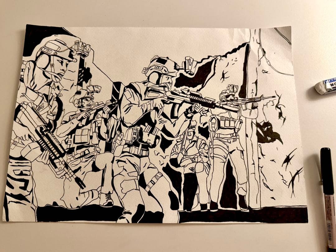 手描き絵　民主主義配達　黒白絵