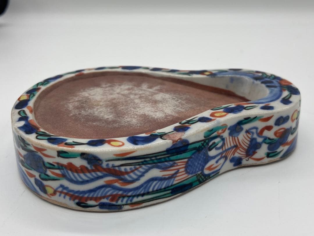 大明万暦年製　呉須　龍鳳紋陶硯　送料込み1222