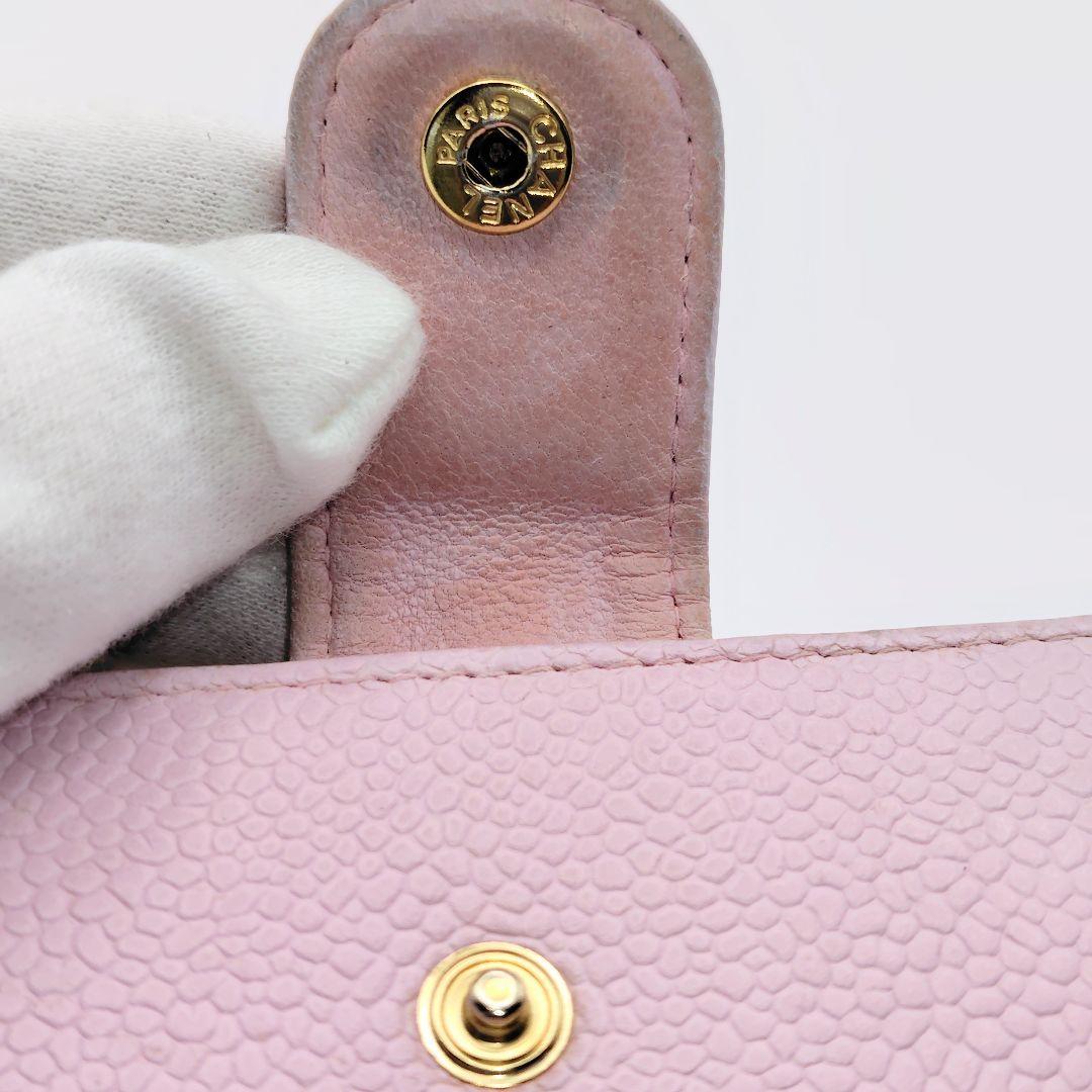 シャネル　キャビアスキン　ココマーク　三つ折り財布　ピンク