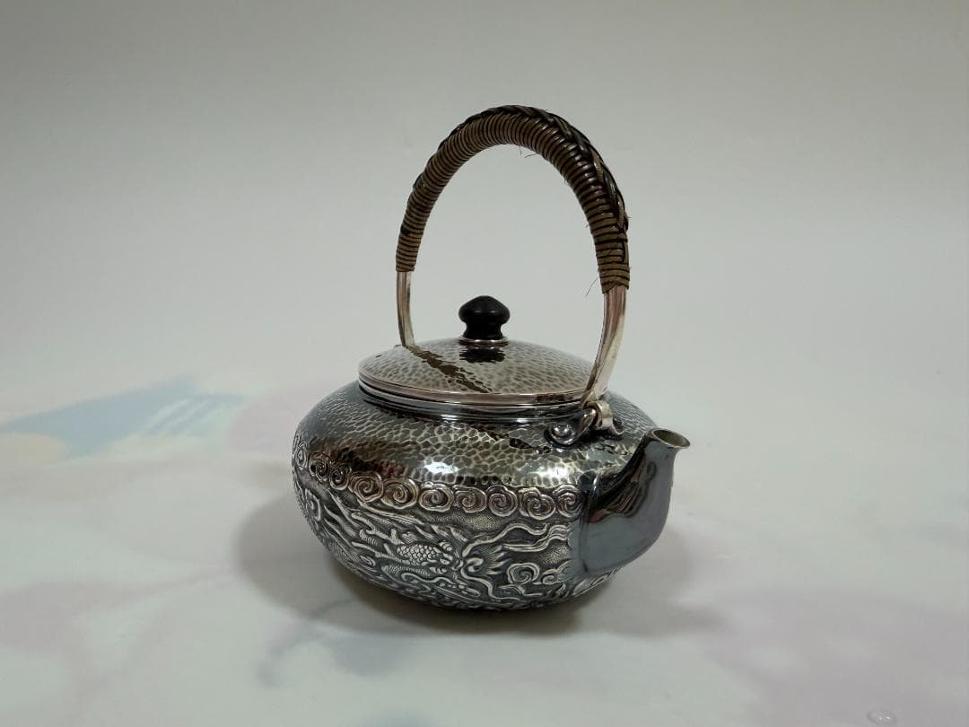 純銀製 龍鳳文 鎚目紋 湯沸 銀瓶 煎茶道具