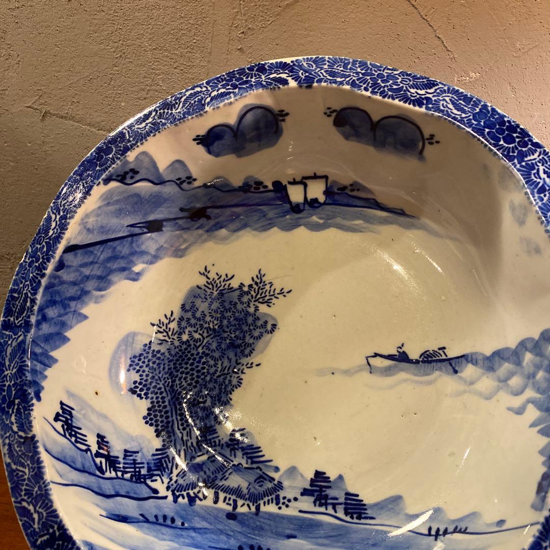 骨董品 大鉢 江戸 明治 蛇目高台 染め付け 印判 皿 時代物 アンティーク