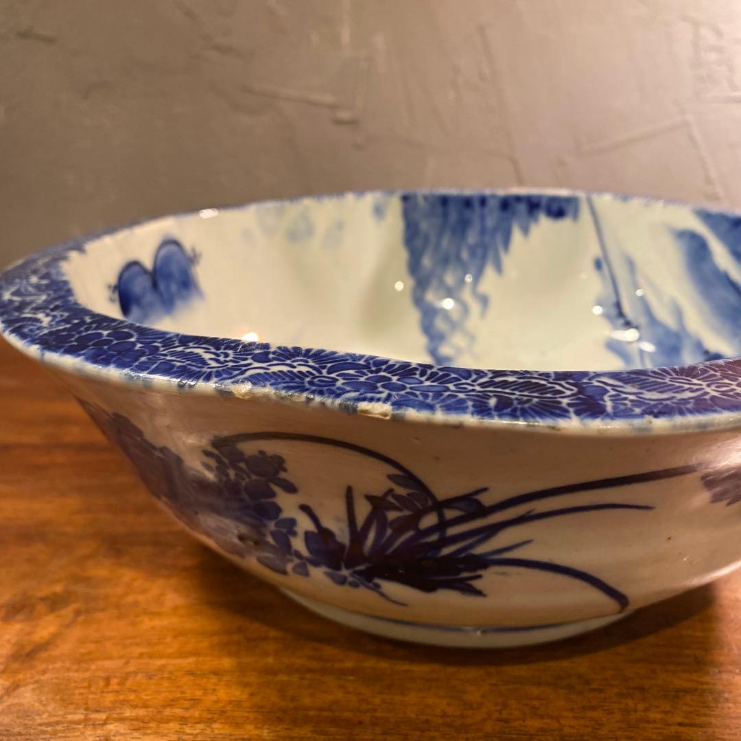 骨董品 大鉢 江戸 明治 蛇目高台 染め付け 印判 皿 時代物 アンティーク