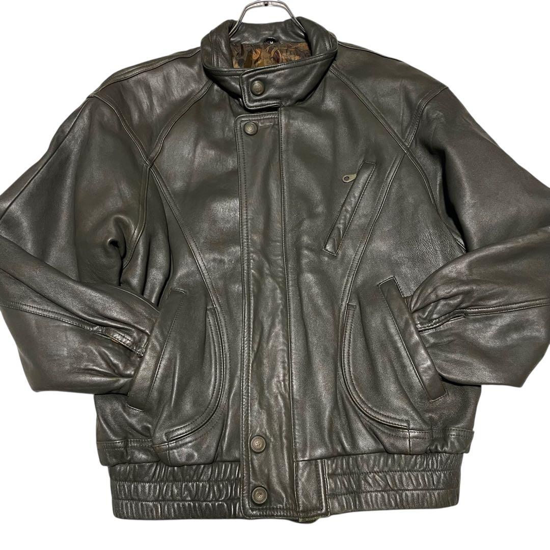 【vintage】羊革 本革 ラムレザーシングルライダースジャケット カーキ M
