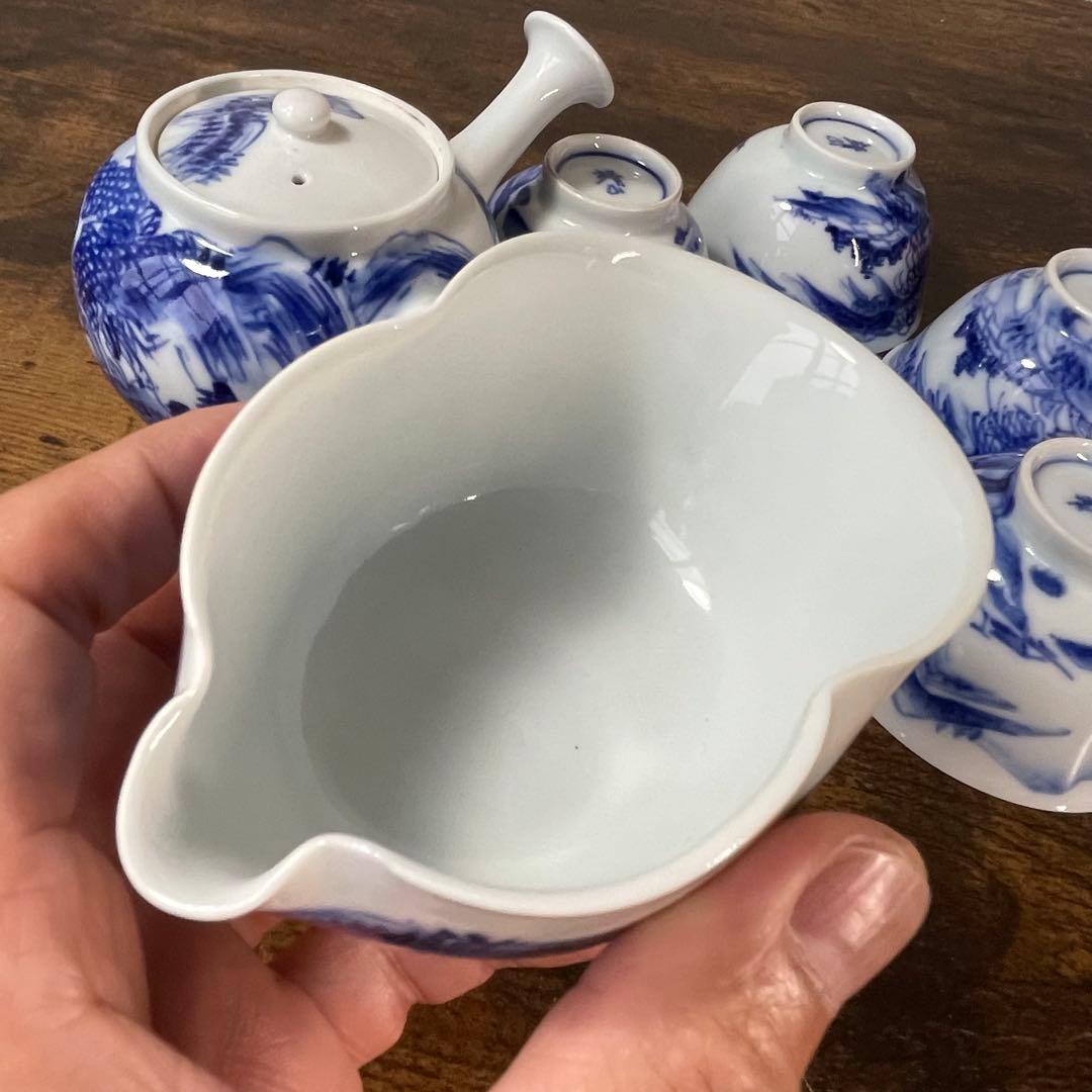 A836⭐︎平安靖山造 染付 山水楼閣文 煎茶器 7点組 共箱付