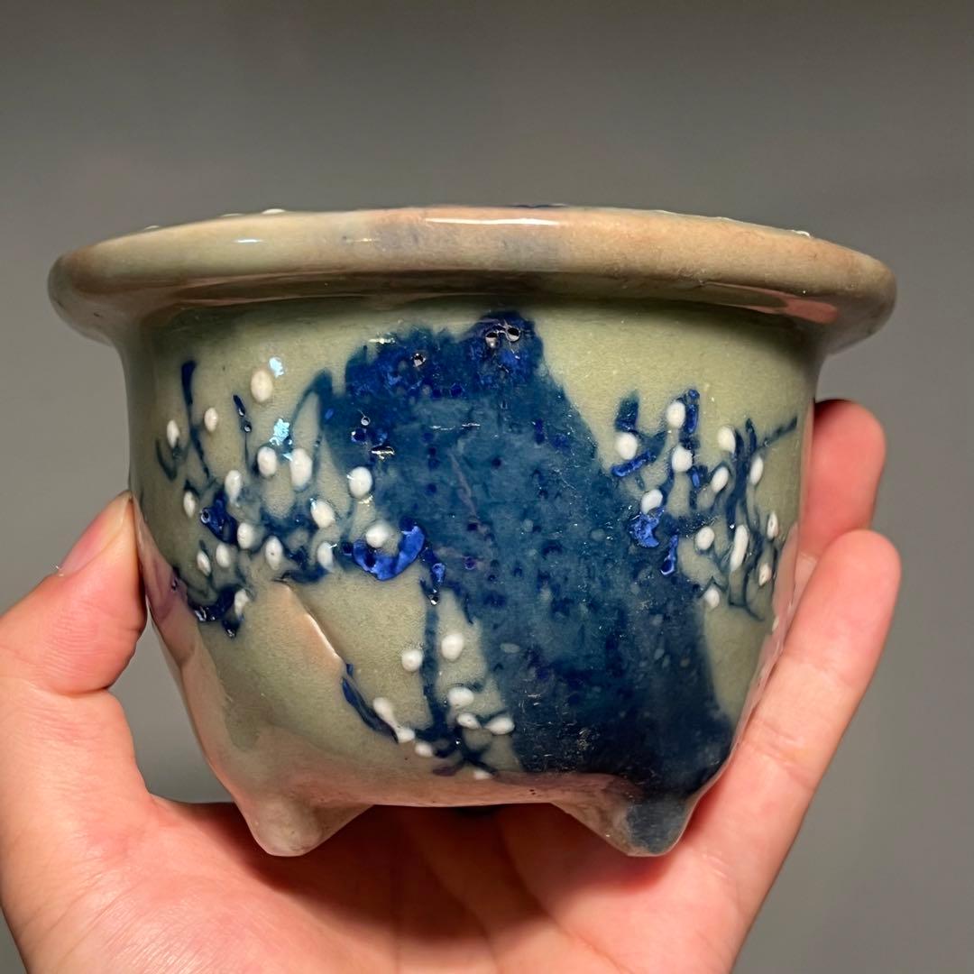 804.尾張焼 瀨戶 青瓷染付丸鉢 盆栽鉢 植木鉢 12.5*8.5cm