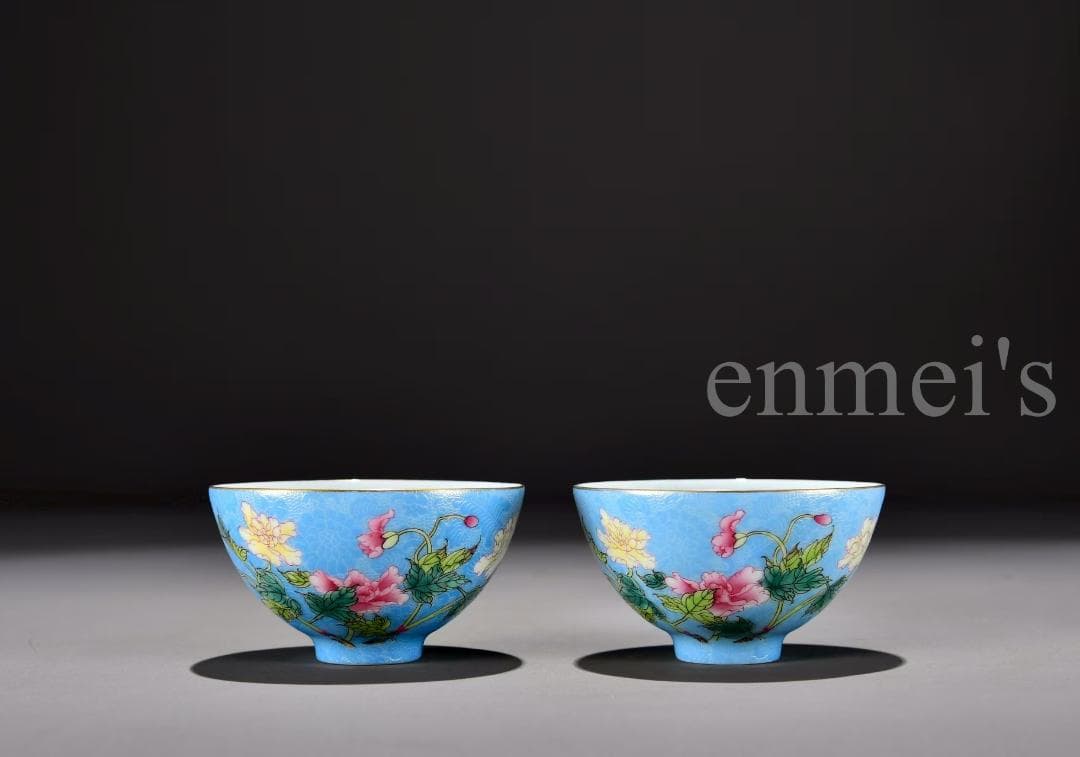 28青色花柄陶磁器茶碗2個セット