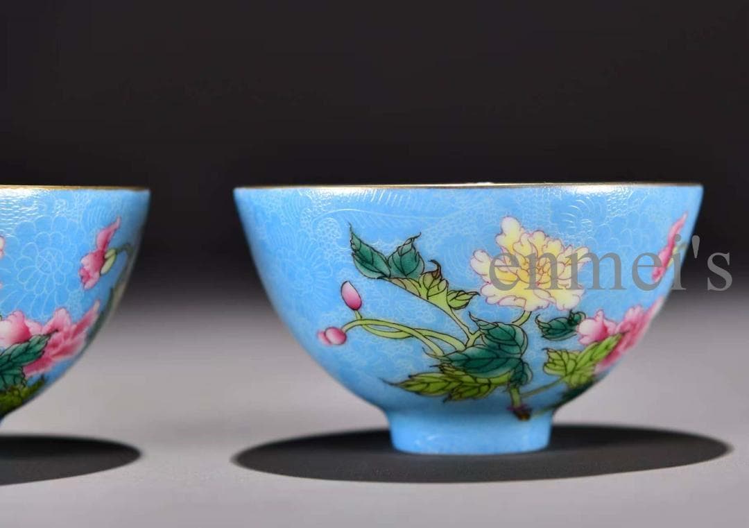 28青色花柄陶磁器茶碗2個セット