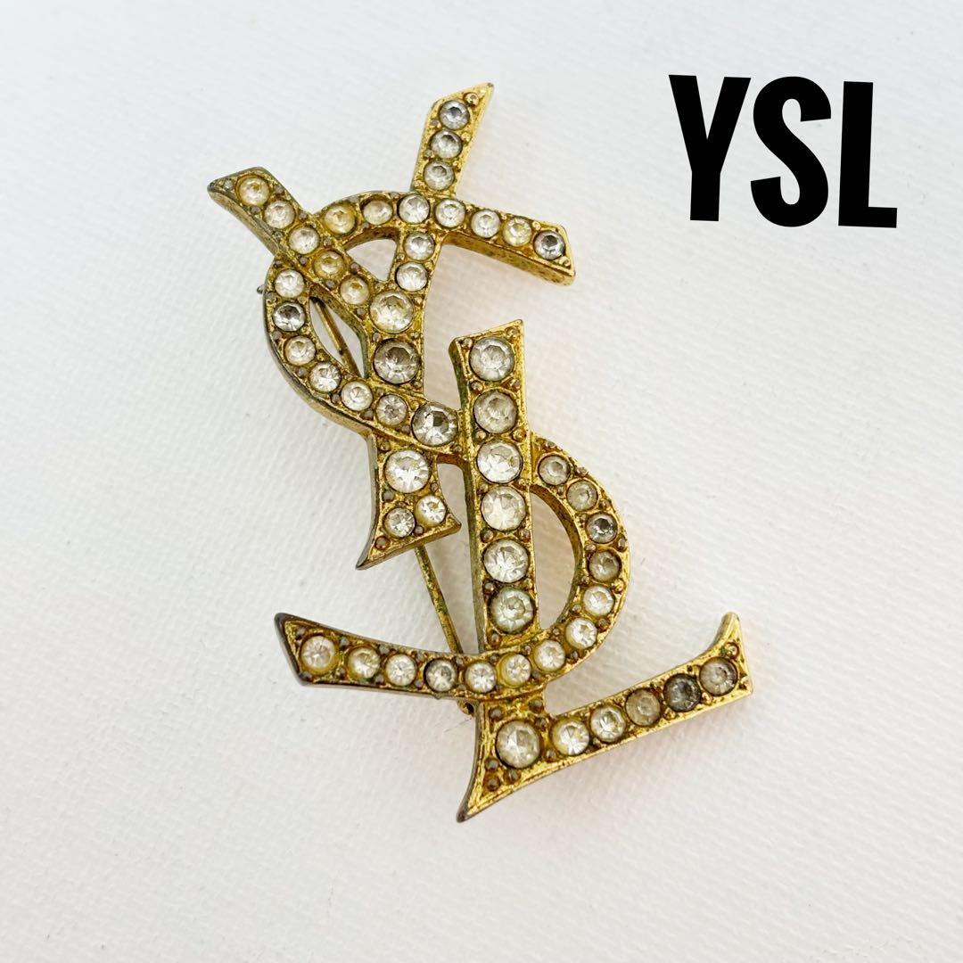 イヴ サンローラン ブローチ ラインストーン カサンドラ　ロゴ　ヴィンテージ