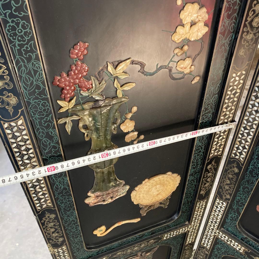 ひ*貨様 高級 天水中国 飛天漆器 螺鈿彫刻 屏風 天然木 4枚 パーテーション