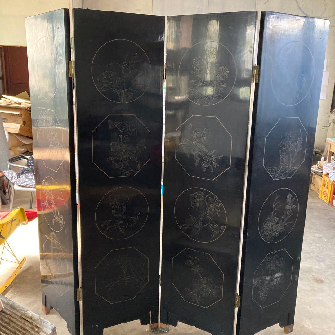 ひ*貨様 高級 天水中国 飛天漆器 螺鈿彫刻 屏風 天然木 4枚 パーテーション