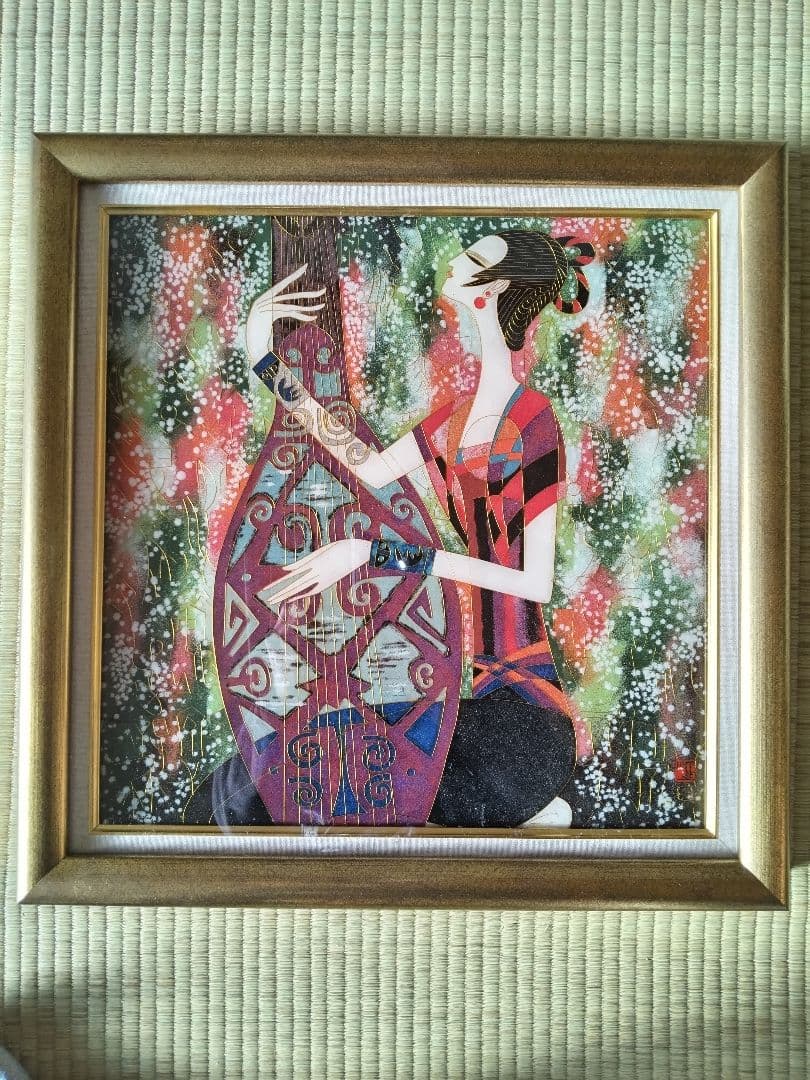 版画 『女性と楽器の抽象画』金線 七宝焼き（額縁付）▪送料無料